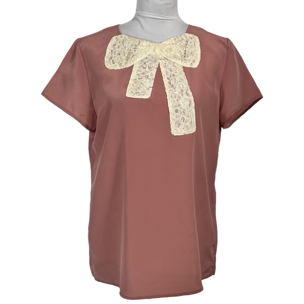 Twiggy London Pink Lace Bow Neck Blouse Top Size Small Pearl Button Back 60s 70s